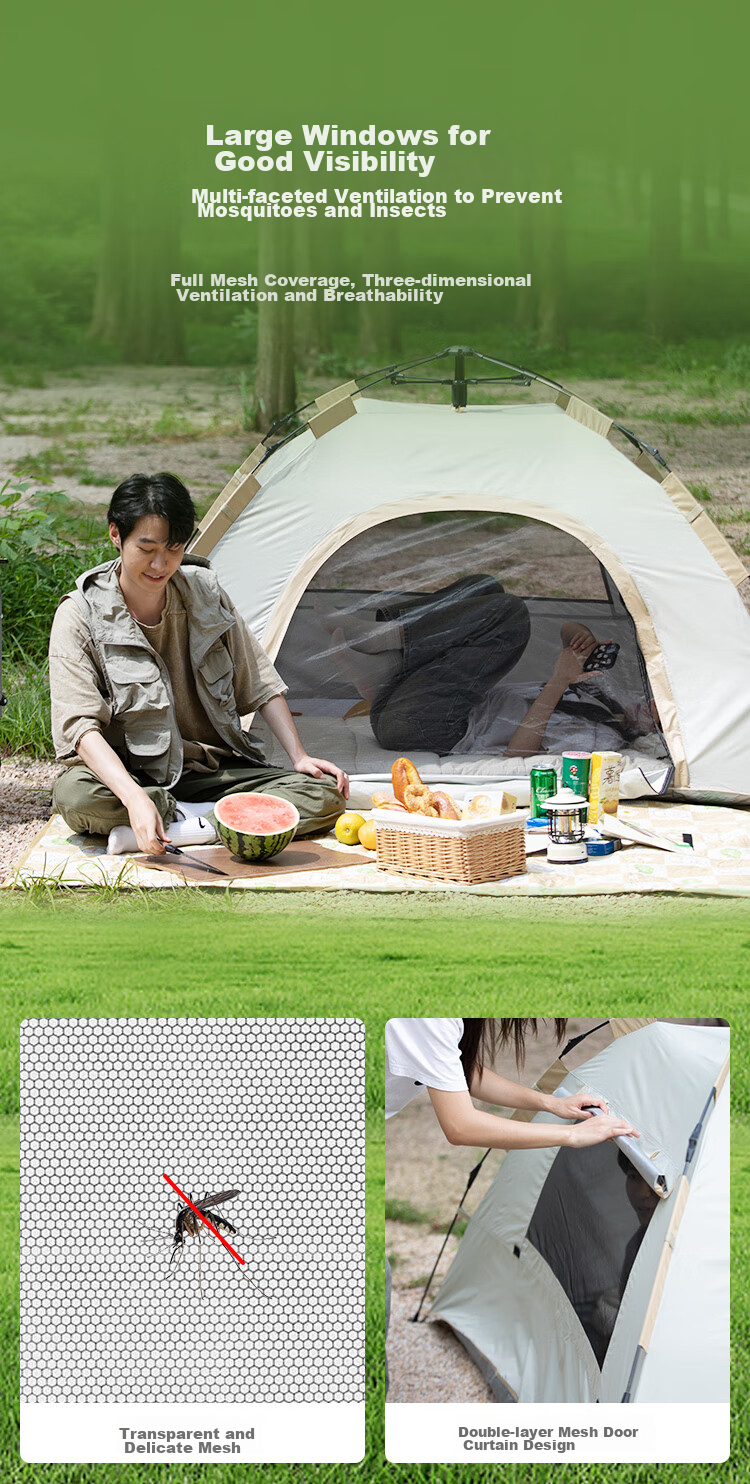 JD Original Park Quick-Open Tent, 3 Square Meters, Pop-Up Design, Windproof And Sun-Resistant, Outdoor Camping Equipment with Moisture-Proof Mat, Flowing Sand Gold Color 9