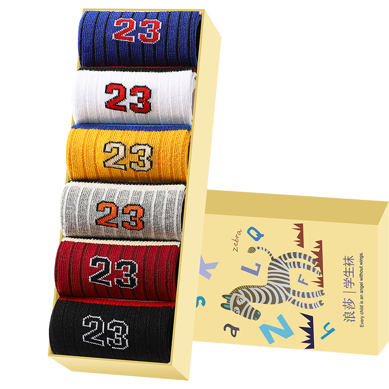 LangSha Children's Socks, Boys' Mid-Calf Socks, Cotton Breathable Baby Socks, Short Socks for Older Children, 6 Pairs, Sports Digital Style