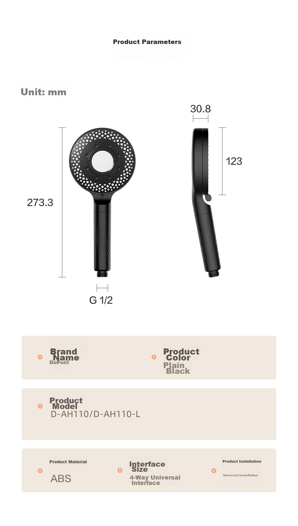 DU PONT Fortune Global 500 Company High-Pressure Shower Head, Single-Head High-Pressure Handheld Shower Head, Pressurized Shower Head 13