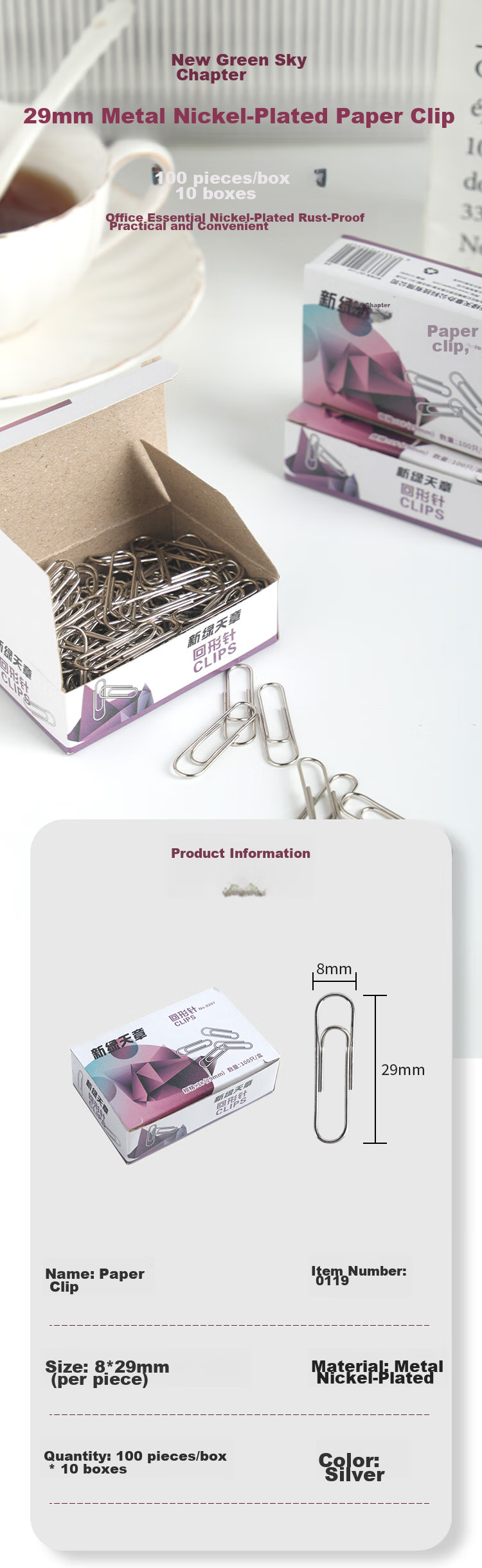 TANGO TANGO Paper Clips #3 29MM, Nickel-Plated Metal Anti-Rust Binder Clips, 10 Boxes Containing 1000 Pieces, Office Financial Storage Stationery Supplies Back-To Supplies Clips Exam Papers 1