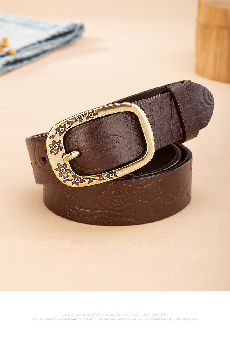 Cattlesboss Women's Leather Belt, Vintage Carved Buckle, Versatile Waistband, 5333 Dark Brown, 105cm 12