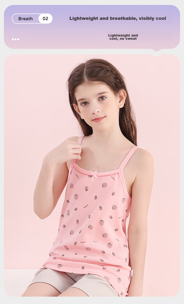 LangSha Children's Tank Tops, Girls' Summer Thin Cotton Undershirts, Camisoles for Young Girls, 2-Piece Set, Strawberry Girl Design, Size 110 4
