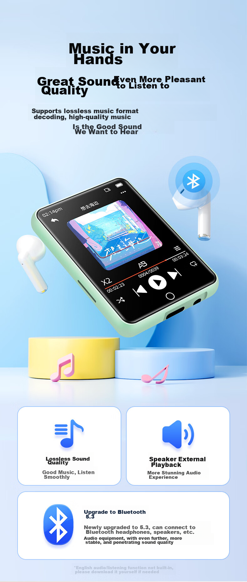 FAMUE PA01 64GB MP3/MP4 Player, Lossless Music Student English Learning Portable Player, 2.4-Inch Dictionary External Speaker Bluetooth 5.3, Gree 6