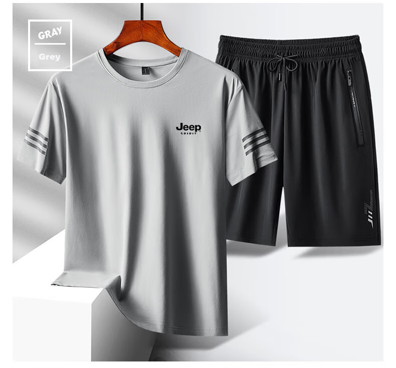 JEEP SPIRIT Ice Silk Set for Men, Summer Ice Silk T-Shirt And Shorts Two-Piece Set, Casual Sports Menswear, Black, 2XL 8