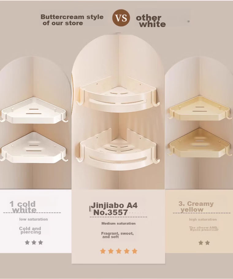 Jiashigao Bathroom Storage Rack, No Drilling Required, Space Aluminum Corner Shelf, Cream White, Drip-Draining Wall-Mounted 5