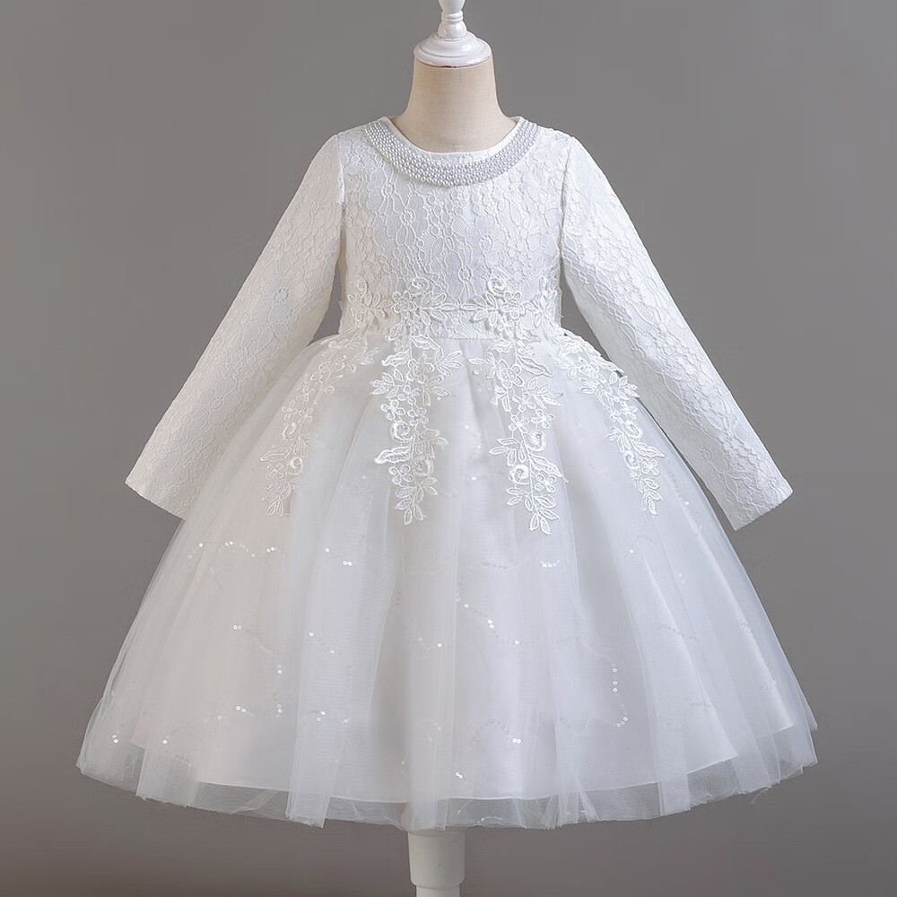 LUOBOBEIBEI Girls' Long Sleeve Princess Dress Spring Birthday Party Dress White - Size 140 10