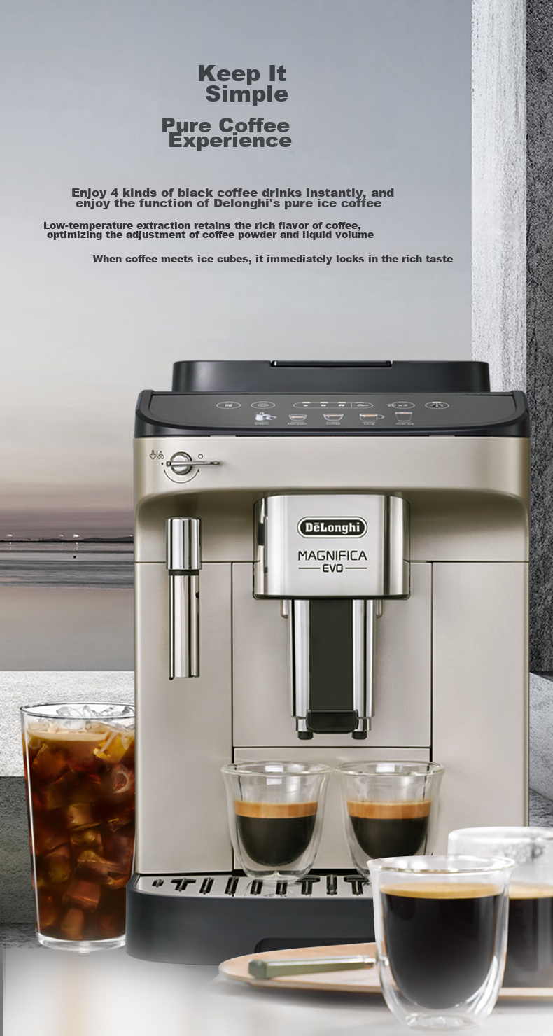 Delonghi Coffee Machine, Home Fully Automatic Coffee Maker, European Imported Small Italian American-Style Fresh Grinding, Hot And Cold Dual Extraction Pure Extraction Ice Coffee Manual Milk Frother, E Plus Gift 7