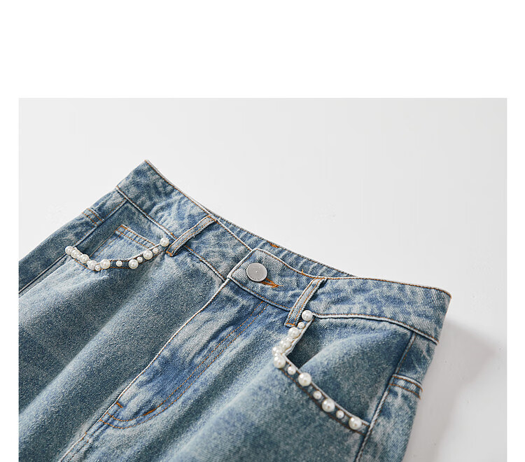 Dme [Yuanqi Yujie] Spring And Autumn Treasure Cloud-Feel Pure Cotton Pearl Decorative Design Split Denim Midi Skirt for Wome 10