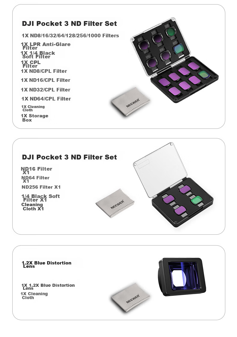 NEEWER Filter Kit for DJI Pocket 4/3 Camera, Magnetic Quick-Release Filters, Blue Brushed Filters, 8-Line Starry Filters, 1/4 Black Soft Anti-Light Pollution Filters 19