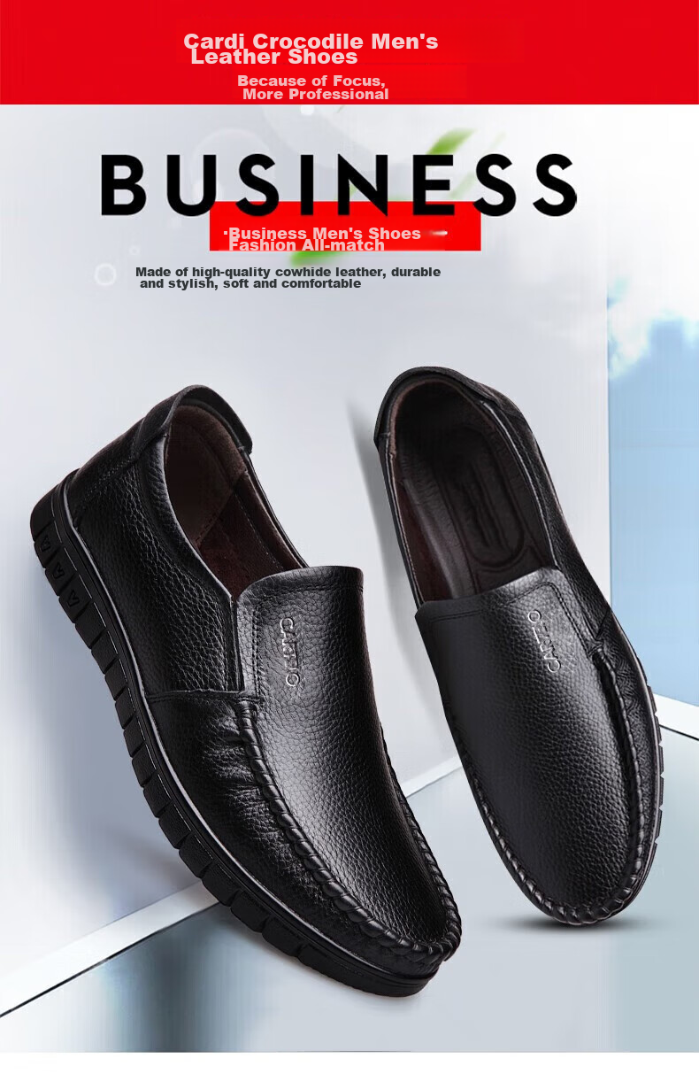 CARTELO Men's Leather Shoes, Top-Grain Cowhide, Business Casual Loafers, Middle-Aged And Elderly Dad Shoes, 30576 Black, Size 41 2