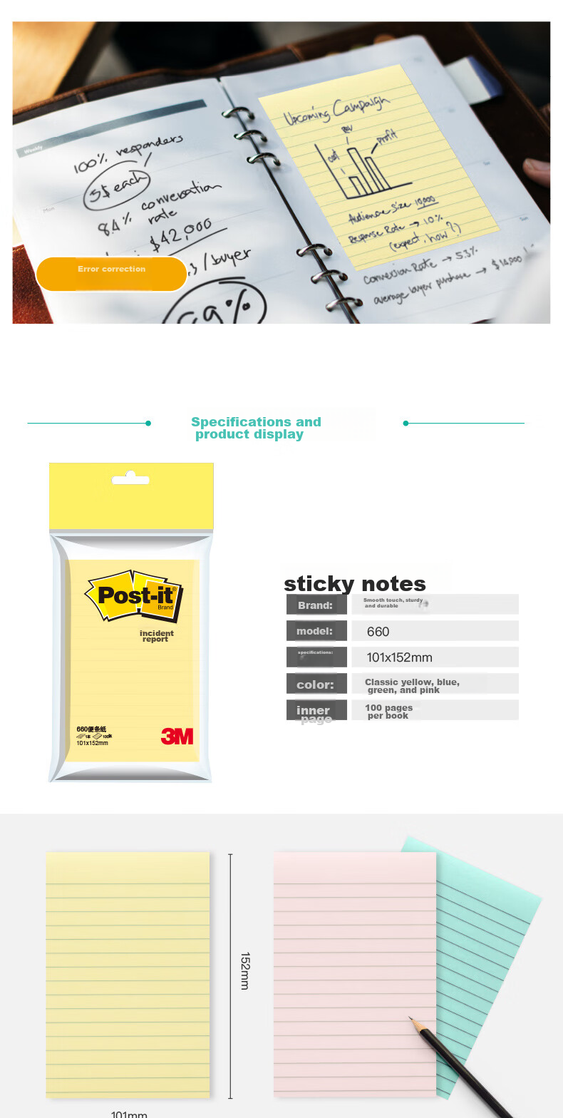 3M Sticky Notes, Memo Pads/Note Paper/Memo Pads/Notepad/Notebook, Office Supplies, School Stationery, Classic Series 660, Yellow Lined Notepad 5