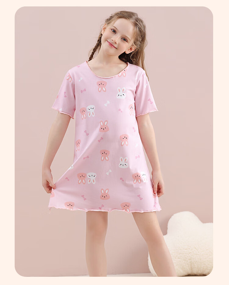 LangSha Children's Pajamas, Girls' Nightgown, Summer Thin Style, Cute Little Rabbit Pajamas, for Older Children's Loungewear Dress, Pink, Size 160 9