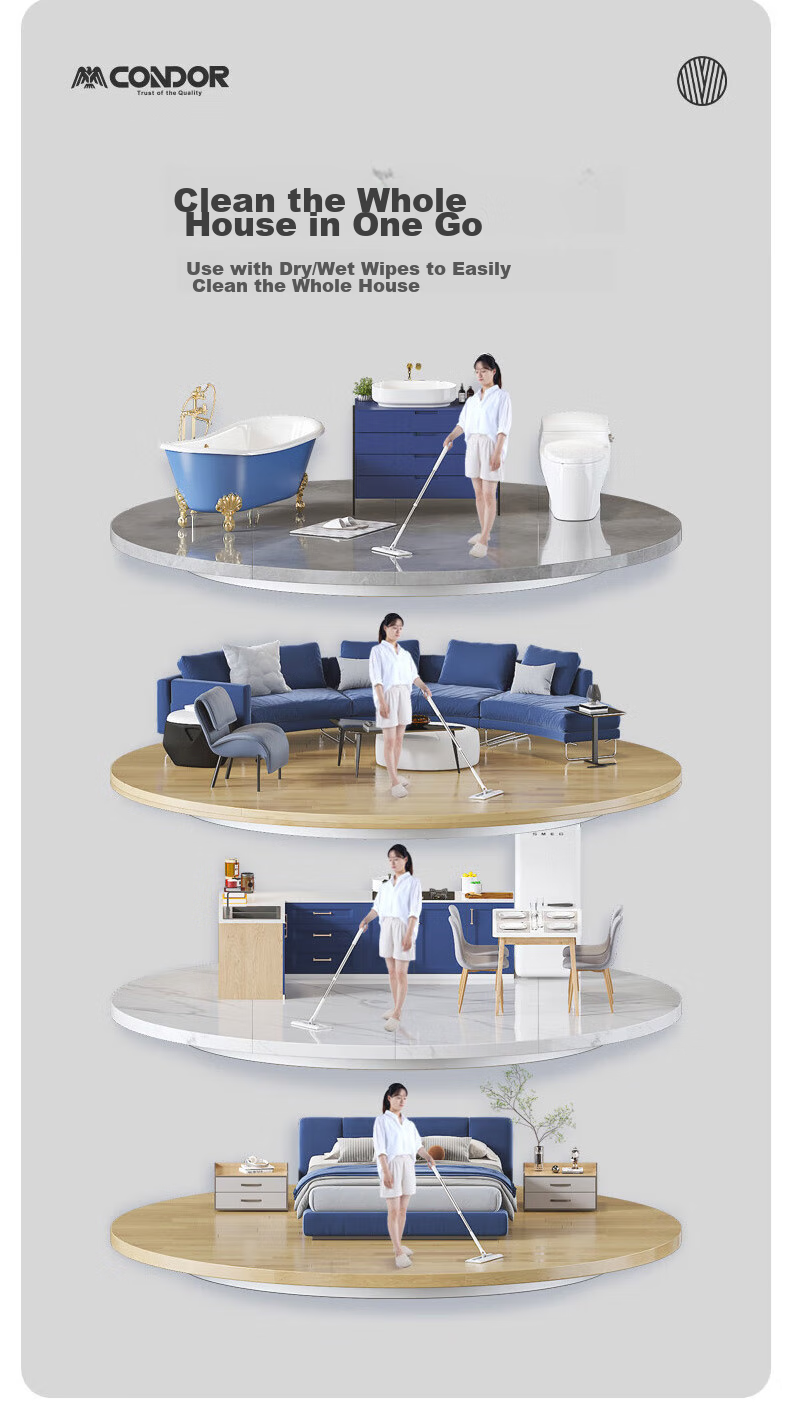 CONDOR Japanese Electrostatic Dust Mop with Handle Length 127cm, 20 Dust Sheets Included, No Hand Washing Required, Household Lazy Person's All-In Mop 17