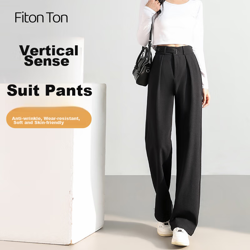 FitonTon Women's Black Early Autumn 2025 Draped Elegant Casual Wide-Leg Straight-Leg Trousers