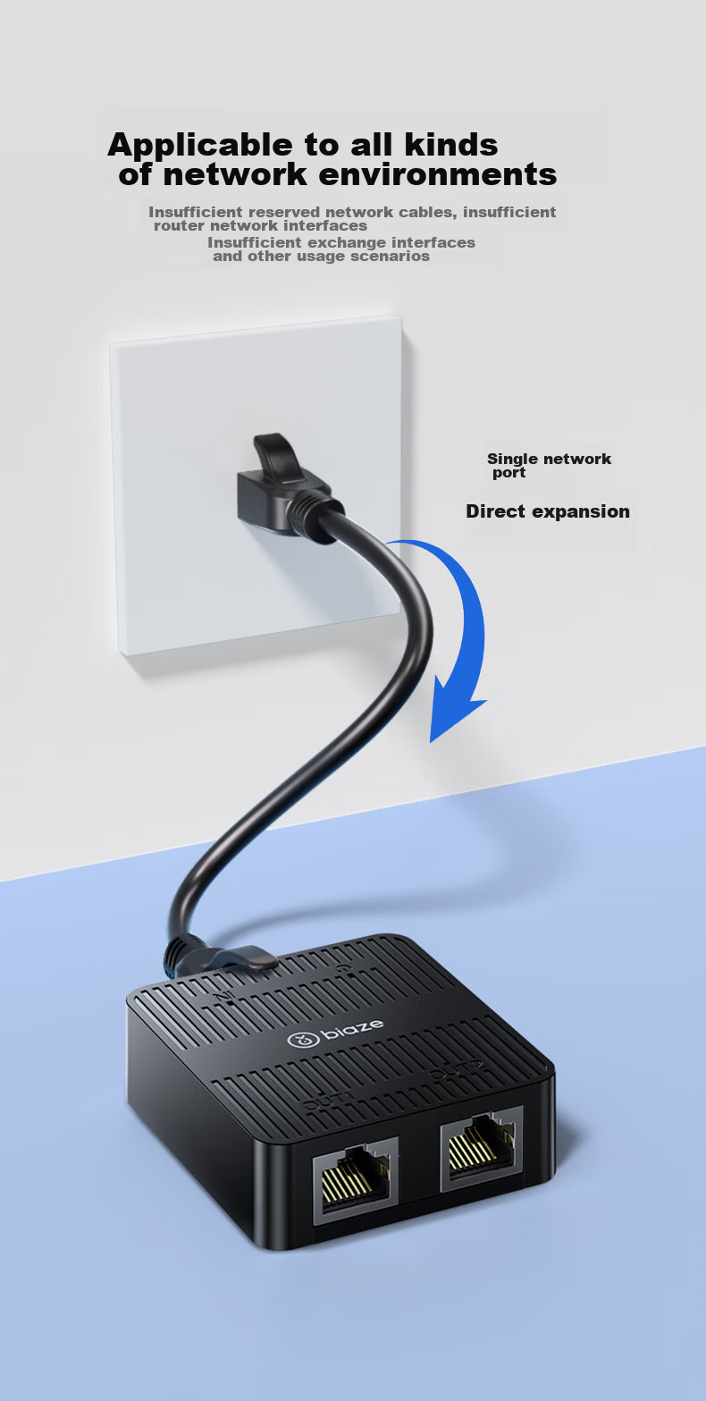 BIAZE Network Cable Splitter Two-In Gigabit Network Extender Simultaneous Internet Connection RJ45 Network Extension Connector Three-Way Head Broadband Router Interface Splitter 8