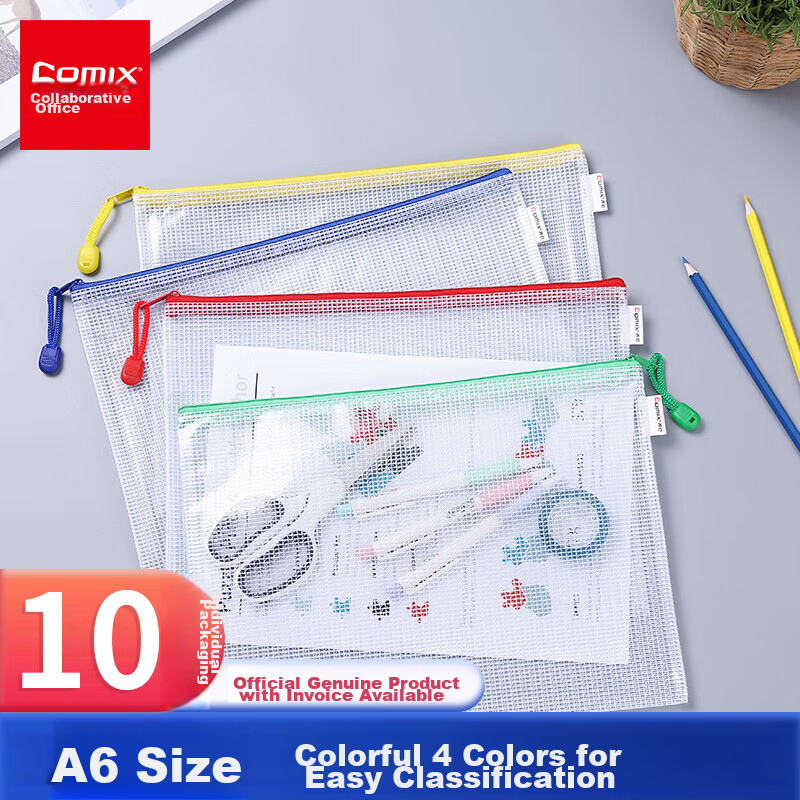 COMIX 10-Pack A6 Pencil Case, Receipt Holder, Invoice Organizer, Transparent Mesh Zipper Bag, Random Color A1158