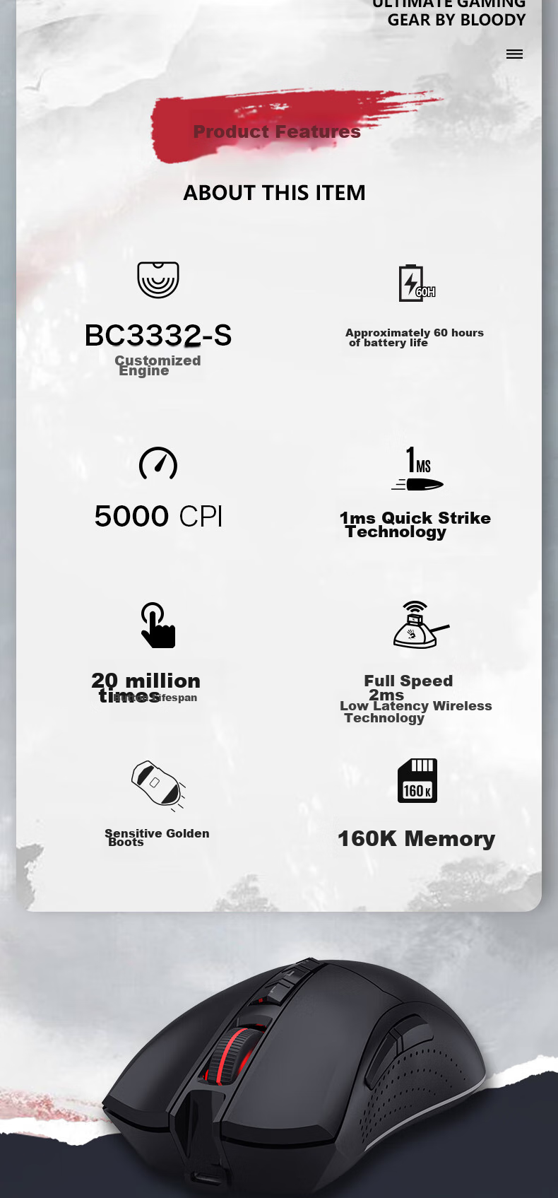 A4TECH R90plus Large Right Wireless Mouse Gaming Mouse E-Sports Mouse Rechargeable Wireless Mouse Blood Hand Phantom Black Wireless 2