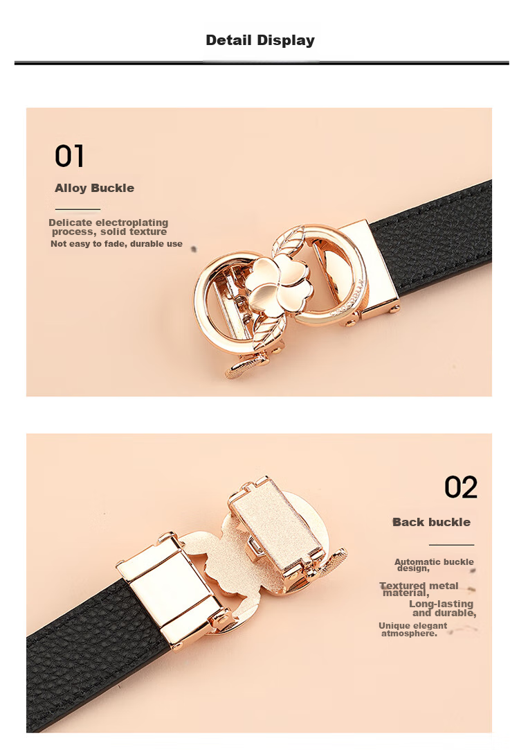 CROCODILE Top-Grain Leather Fashion Belt for Women, Automatic Buckle, Exquisite And Simple Waist Belt T3707 Black Gift Box Set 15