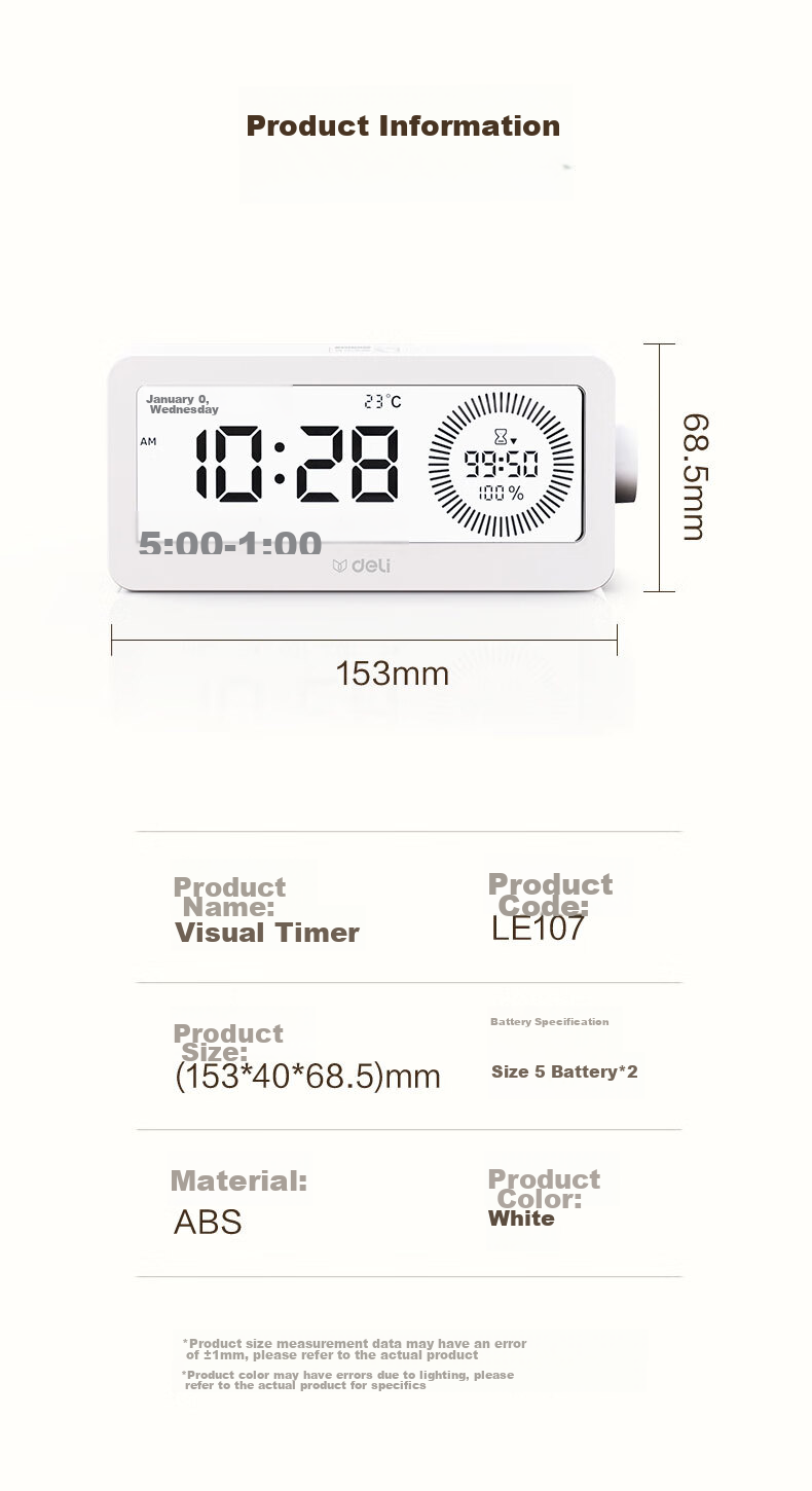 Deli Visual Smart Alarm Clock Timer, Student-Specific Wake-Up Device with Backlight Bedside Clock And Thermometer, Essential for Back-To And Graduation Seasons, LE107 White Gift 11