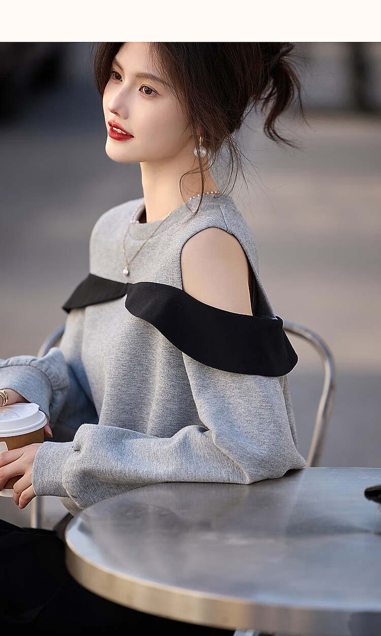 Dme [Designer Private Label] Spring And Autumn Round Neck Ruffle Contrasting Color Off-Shoulder Pique Air Layer Sweatshirt Women's Top 11