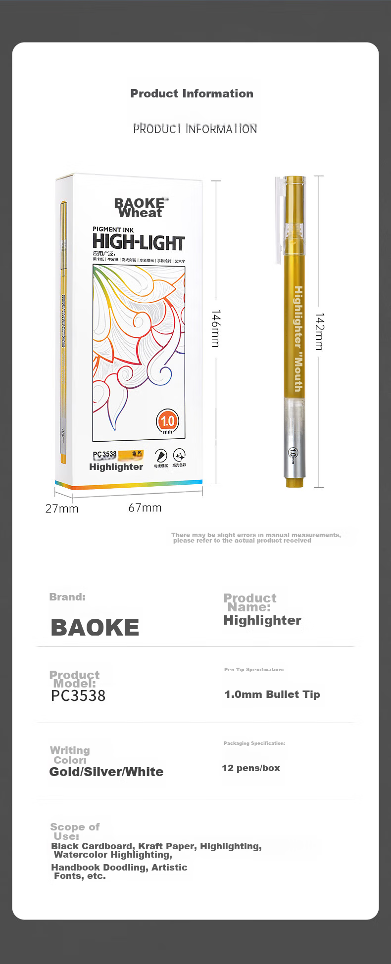 BAOKE PC3538 Gold Highlighter Pen 1.0mm Gel Pen Marker Pen Journaling Pen Water-Based Pen Signing Pen, 12 Pcs/box 10