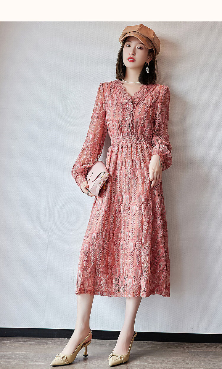 Dme [Retro Lace Design] Autumn French V-Neck Elastic Waist Puff Sleeve Midi Dress for Wome 10