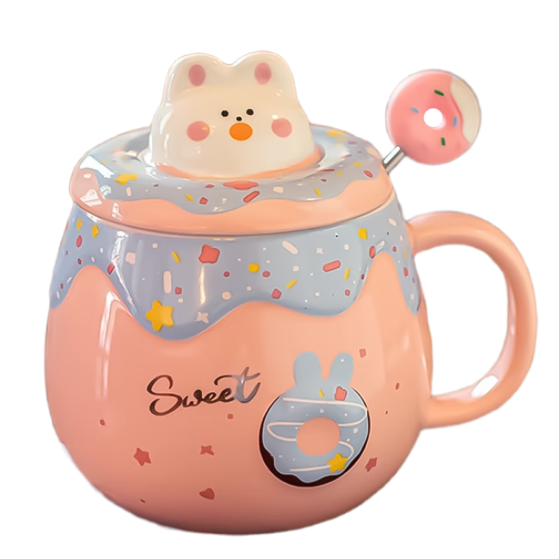 PINYU Mug, Coffee Cup, Ceramic Water Cup, Large Capacity with Lid for Home Use, Coffee Infuser Cup, Donut Pink, 400ml