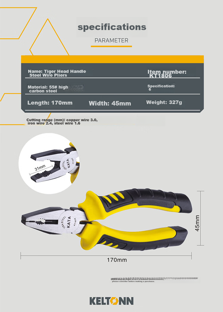KELTONN Pliers, Wire Cutters, 6-Inch Tiger Pliers, Cable Cutters, Holding Tools, Blackened And Rust-Resistant, KT1806 2