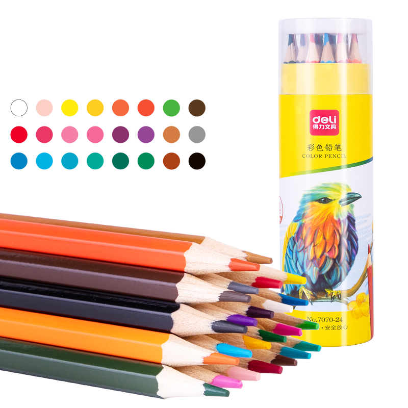 Deli 24-Color Oil-Based Colored Pencils, Wooden Hexagonal Barrel, Student Drawing Colored Pencils, Coloring Art Sketching Hand-Drawn Children's Pencils, Tube Packaging, Gift for Girls, Graduation Present