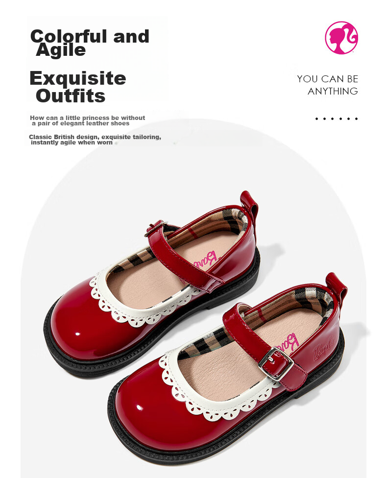Barbie Children's Shoes, Spring And Autumn Leather Shoes for Girls, British Style Princess Shoes, Performance Shoes, Academic Style Flats DA5825, Black, Size 29 13