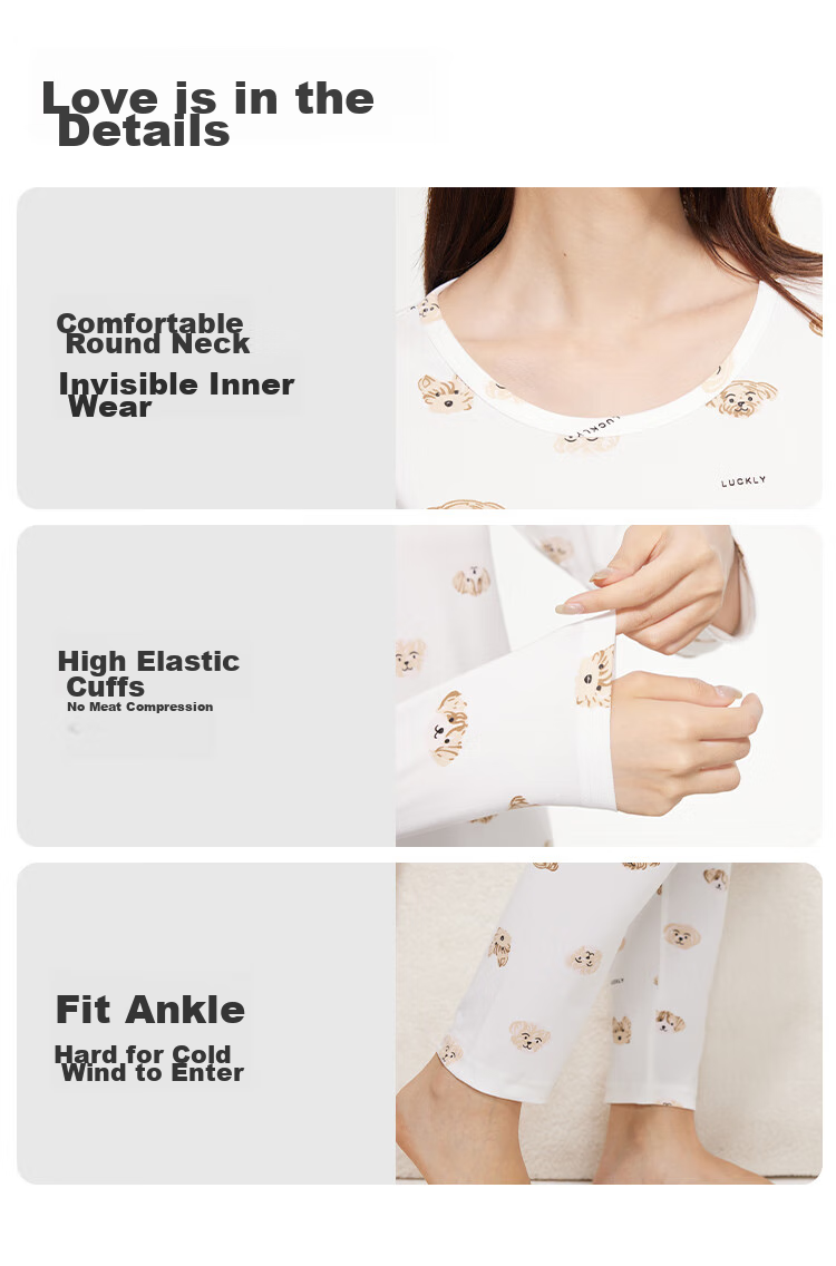 Dushiliren Women's Autumn Underwear Set, Basic Thermal Base Layer, Slim-Fit Printed Sleepwear for Students And Young Girls, Warm Inner Wear 9