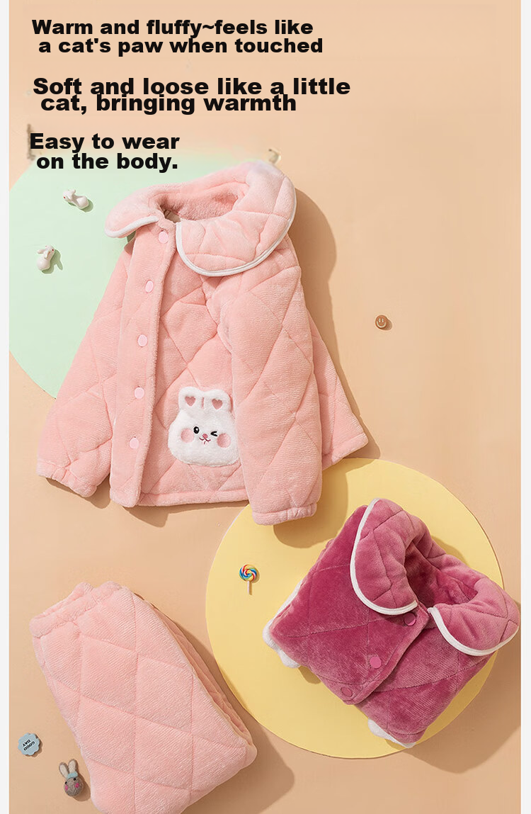 Dingguagua Girls' Pajama Set, Winter Three-Layer Quilted Thickened Flannel Sweet Cute Loungewear, Light Pink, Size 170 3