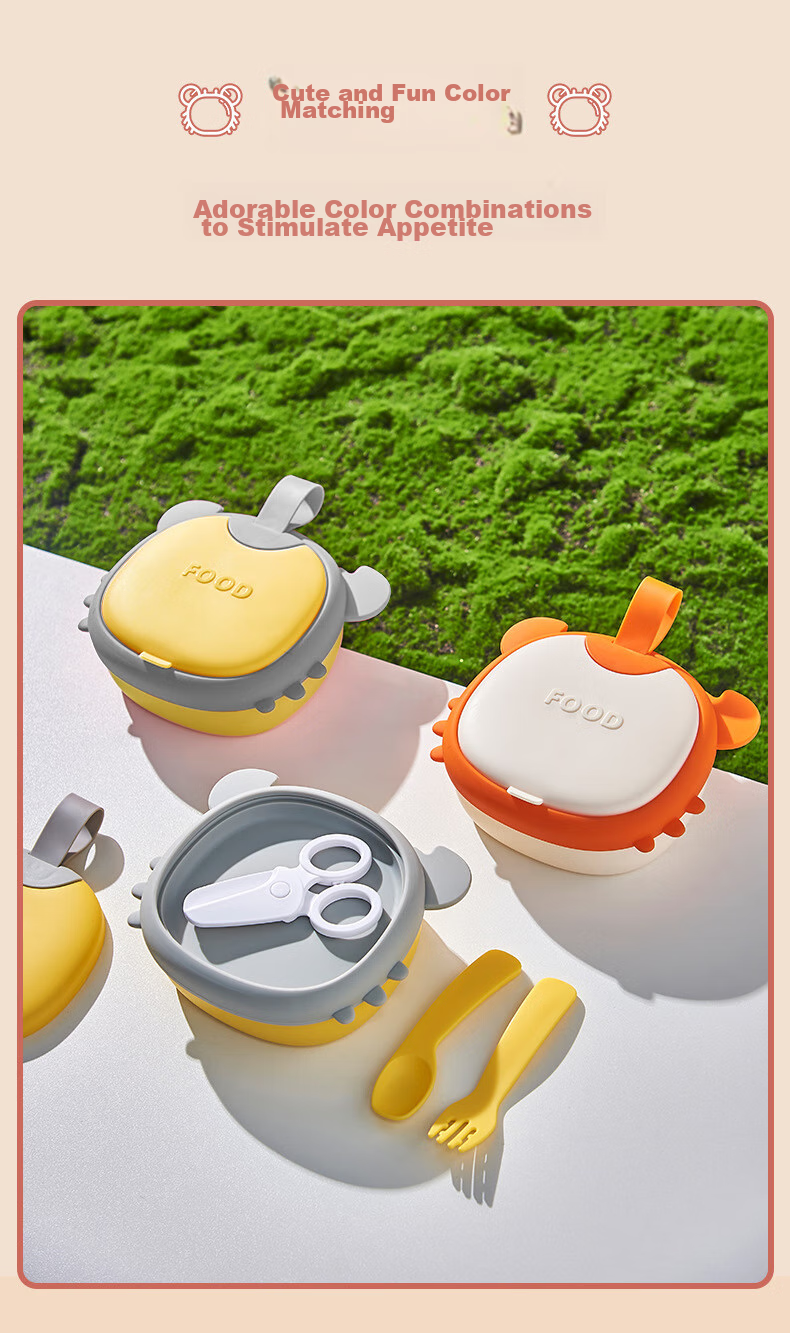 HOY BELL Baby Dining Plate with Suction Cup, Silicone Children's Cutlery, Learning to Eat Divided Feeding Bowl, Green Fork And Spoon 3-Piece Set 3