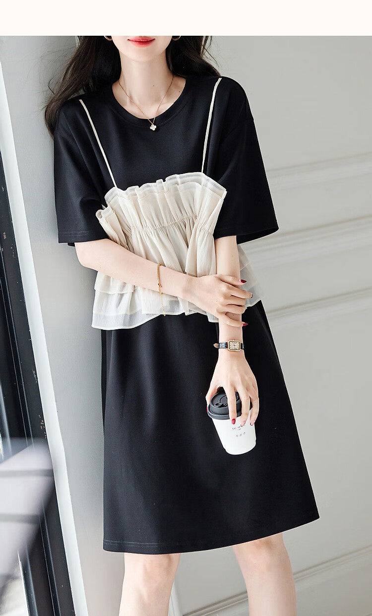 Dme [Light French Style Guide] Summer Round Neck Flowy Mesh Spliced Knit Gentle Knit Dress, Mid-Length for Wome 10