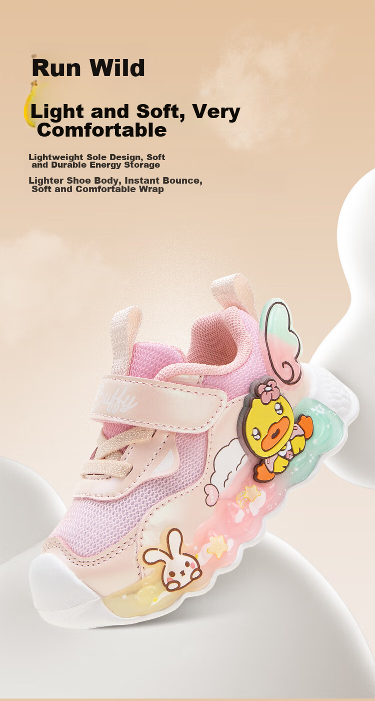 B.Duck Children's Shoes, Girls' Soft-Soled Sneakers, Light-Up Shoes with Flashing Lights, Spring And Autumn Season Bright-Light Shoes, White And Purple, Size 22 3