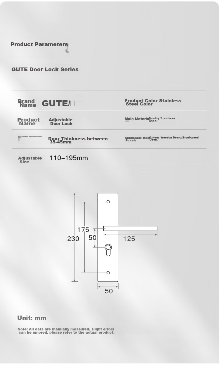 GUTE Door Lock, Interior Bedroom Wooden Door Lock, Room Door Handle, Stainless Steel Bathroom Door Lock, Brushed Color, Adjustable Door Lock 10