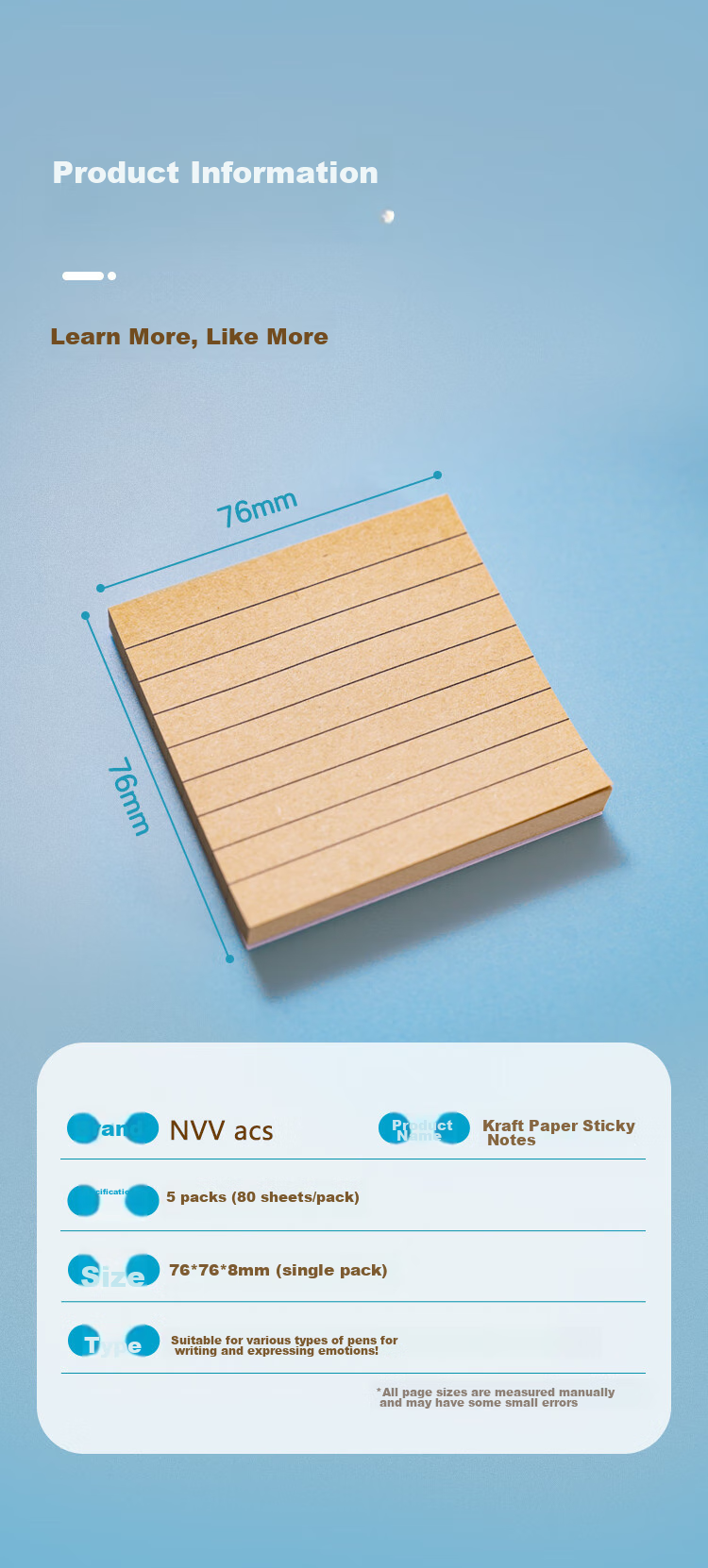 NVV Kraft Paper Sticky Notes, 400 Sheets in Total, Label Stickers, Adhesive Horizontal Lines, Memo Pad, Message Paper, Memo Pads, Office Supplies, Kraft Horizontal Striped Version, 5-Pack BL-11 3