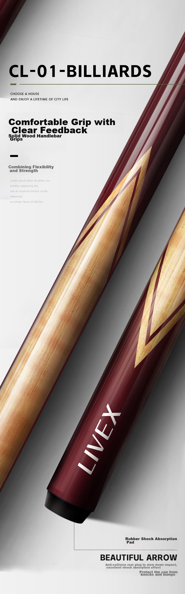 LIVEX Charlie Pool Cue, Large Tip Cue, Chinese 8-Ball Two-Piece Billiard Cue, American 16-Ball Pool Cue, with Cue Tube 9