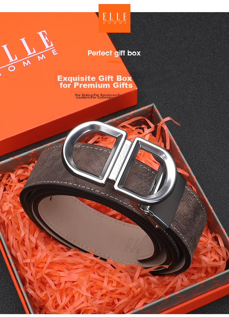 ELLE HOMME Men's Belt, Top-Grain Leather Buckle Waistband, Hollow Buckle Dress Pants Belt, Birthday Gift for Boyfriend 1