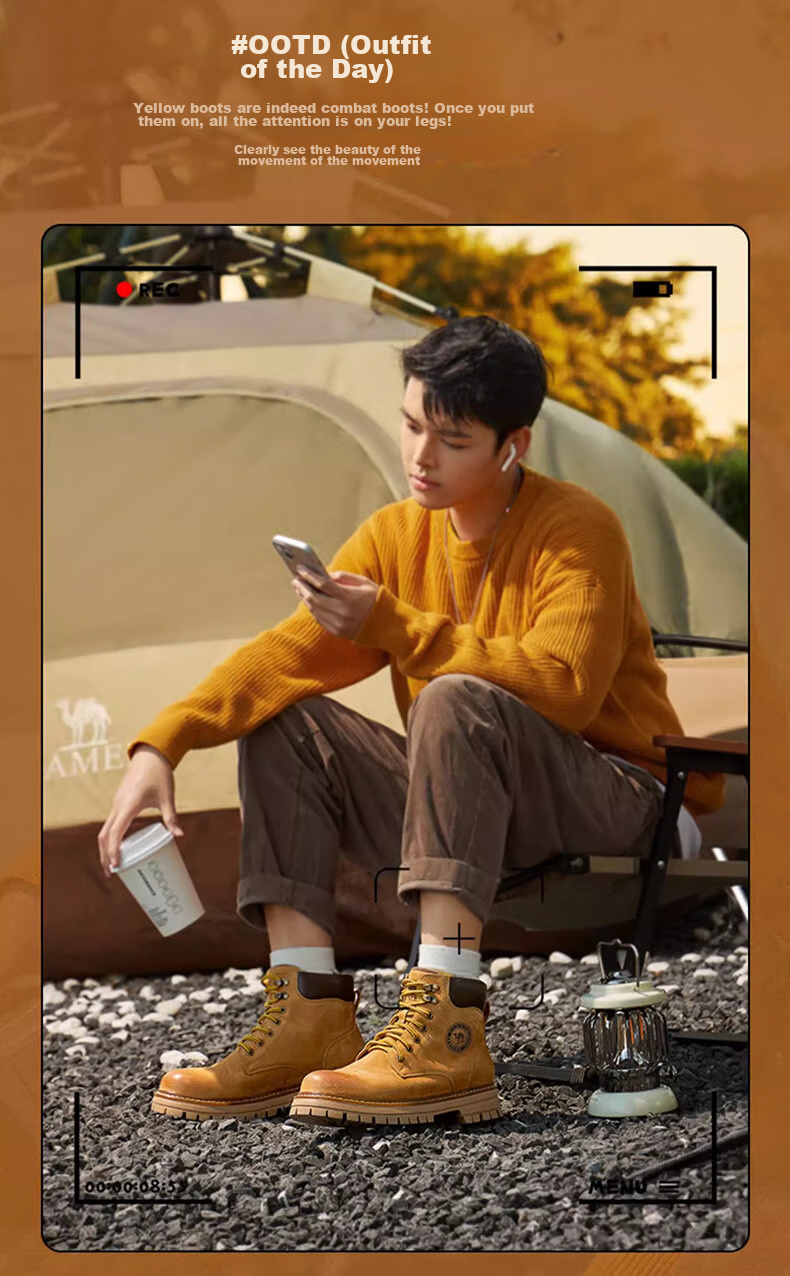 CAMEL Wang Junkai's Matching High-Top Outdoor Work Boots for Men, G15W136025, Desert Yellow, Size 43 5