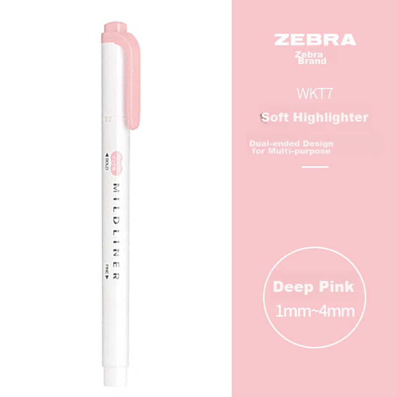 ZEBRA Double-Ended Soft Highlighter Pen, Mildliner Series Single Color Marking Pen, Student Marker, WKT7, Gentle Deep Pink