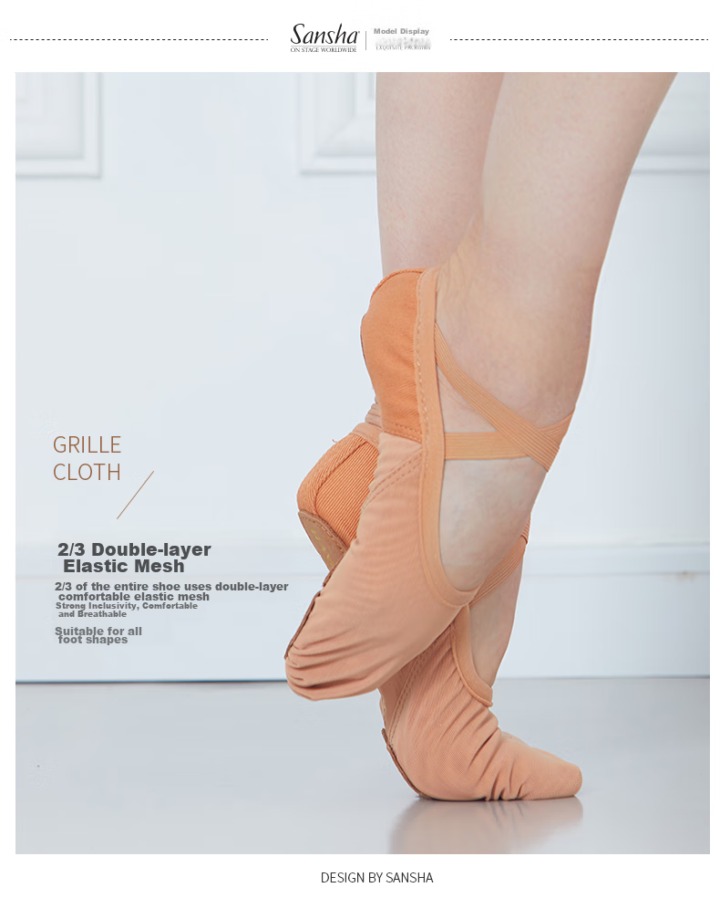 Sansha Adult Ballet Practice Shoes, Elastic Mesh with Leather Sole, Cat Paw Dance Shoes, Breathable Soft Shoes, 357X Meat Size 37 4