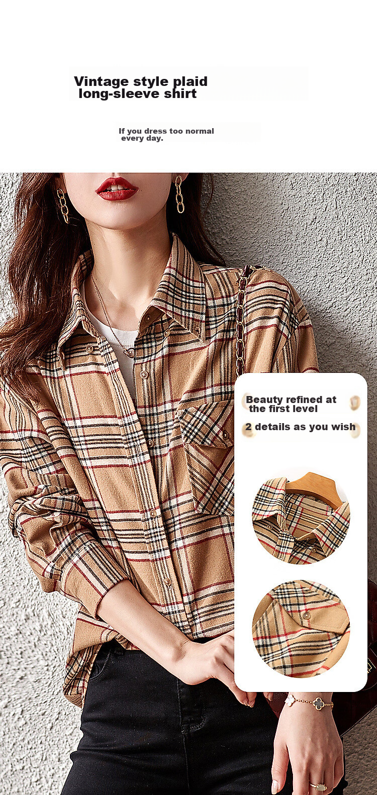 Dme [Retro Commuter Layered Plaid] Simple Loose Drop-Shoulder Shirt, Contrasting Color Warm Blouse, Women's Top 3
