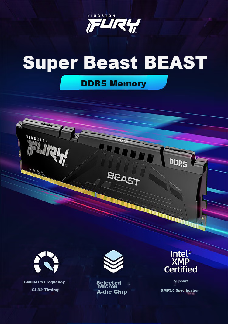 Kingston FURY 32GB DDR5 6000 Desktop Memory Module, Beast Series, Hynix A-Die Chips, CL30, Supports XMP & EXPO 1
