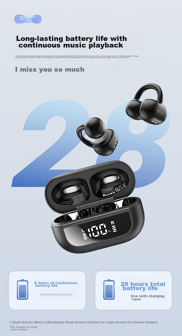 TOZO Open-Ear Headphones, Wireless Bluetooth Earphones for Running And Sports, AI Smart Translation, New Model Open Ear Ring Compatible with Apple, Huawei, Xiaomi 8