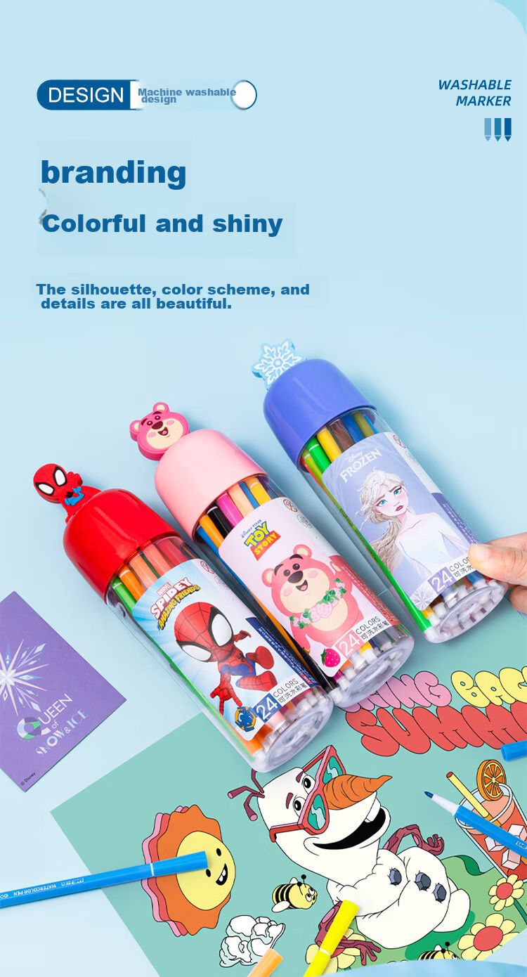 Disney 24-Color Children's Watercolor Markers, Elementary School Art Drawing Doodle Pens, Washable Painting Set, Strawberry Bear Watercolor Pens, Drawing Brushes 4