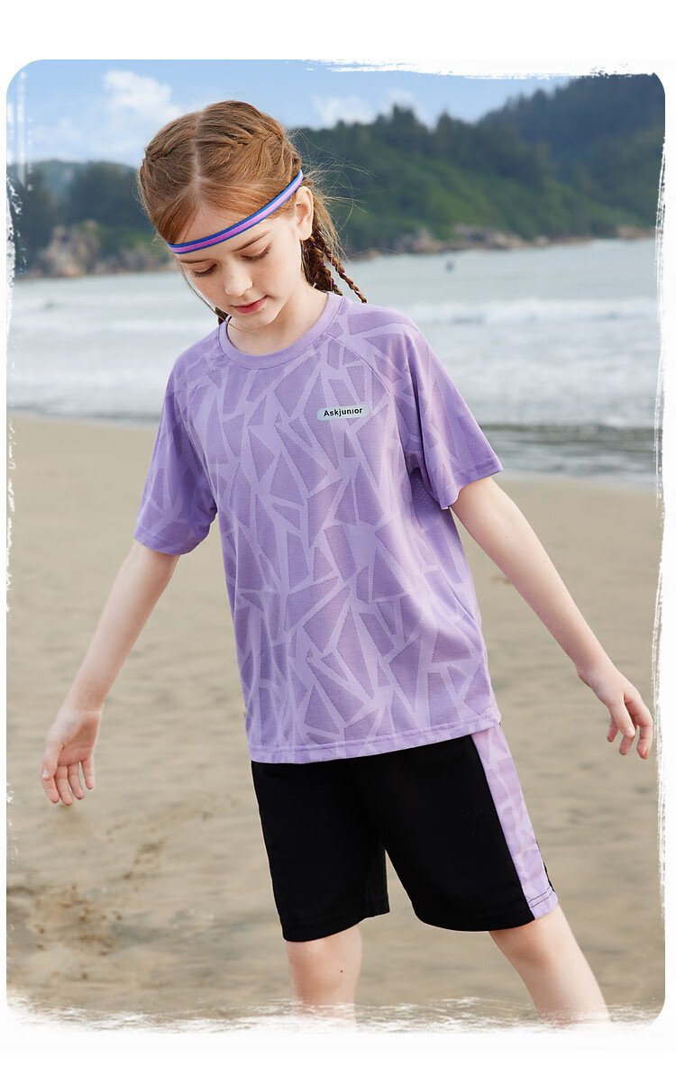 ASK JUNIOR Girls' Set, Summer 2025 Thin Short-Sleeve T-Shirt, Children's Shorts, Quick-Dry Running Outfit, Purple, Size 120 3