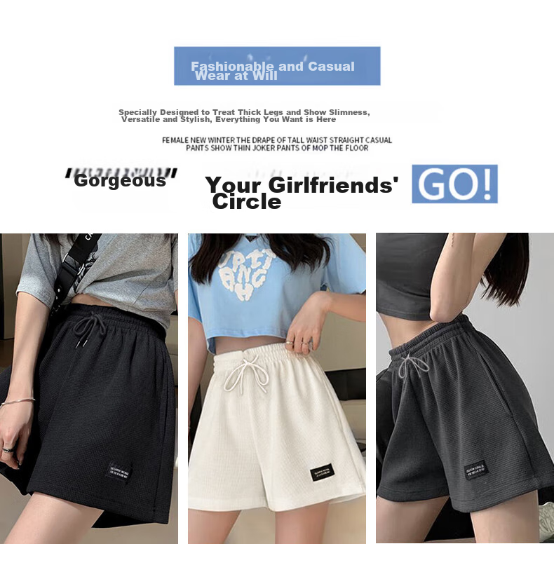 XUEXIMAN Women's High-Waisted Sports Shorts, Slimming Versatile Waffle Casual Pants, Loose A-Line Wide-Leg Summer Knitted Hot Pants 7