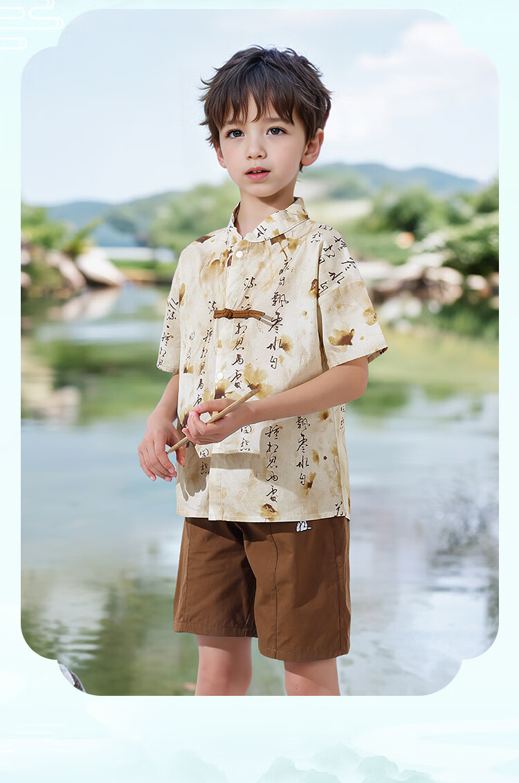 SNOOPY Boys' Hanfu Children's Outfit, Short-Sleeve Shorts Chinese-Style Two-Piece Set, New Modernized Tang Suit, Lightweight Summer Versio 1