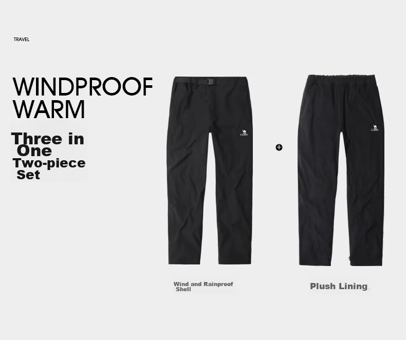 CAMEL Outdoor Hiking Pants for Men, Three-In Spring And Autumn Windproof Waterproof Thickened Fleece-Lined Mountaineering Ski Pants A13CAF0045 25